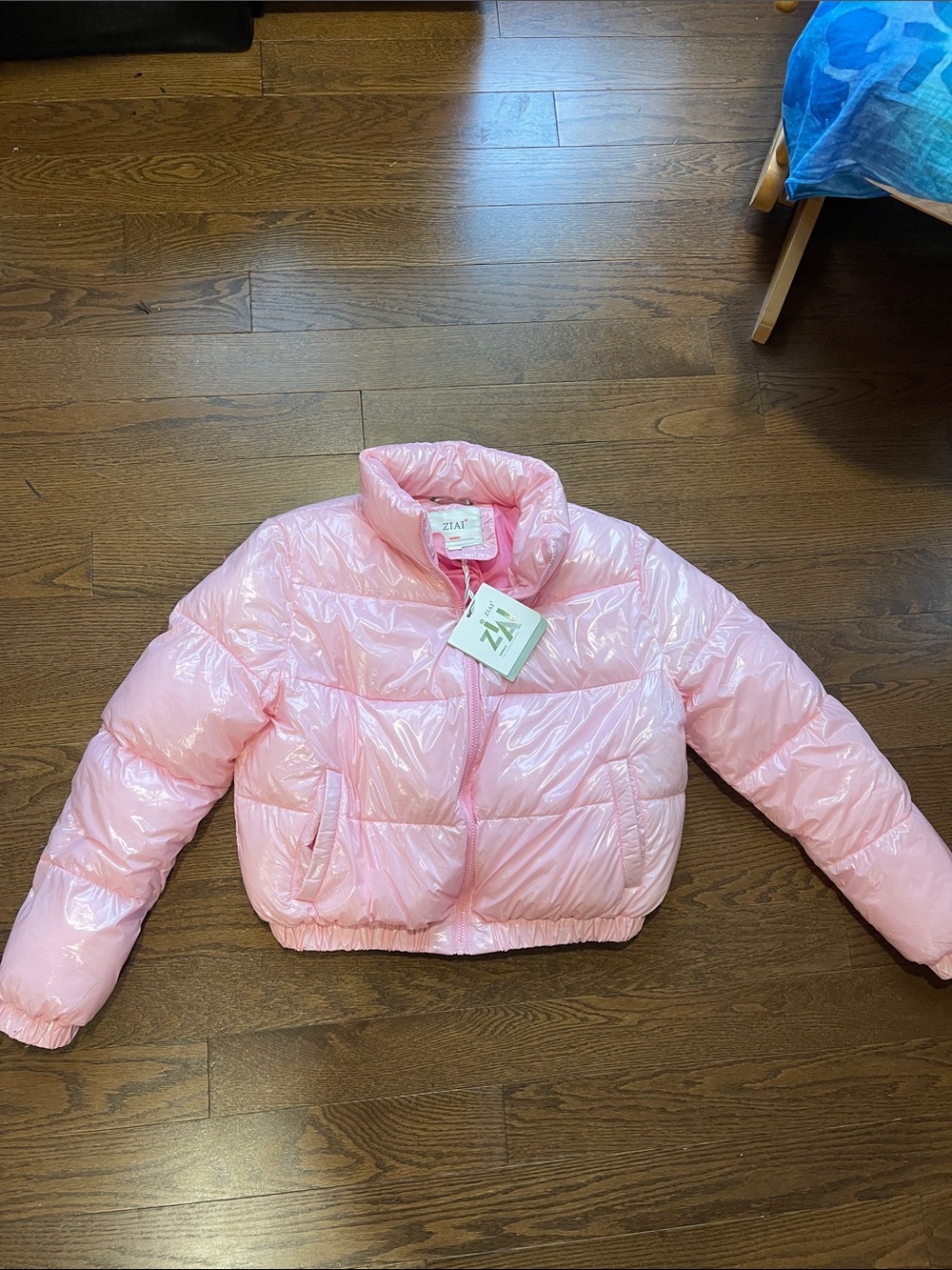 ZYIA Shiny Light Pink Cropped Puffer Jacket